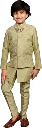 AHHAAAA Kids مزيج الحرير العرقي ملابس تقليدية نمط بوليوود صدرية شيرواني كورتا وبيجامة مع مالا للأولاد 524 in Kuwait