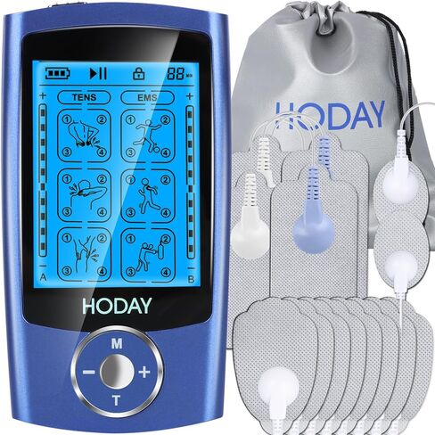Tens Unit Muscle Stimulator, HODAY Dual Channel TENS EMS Unit 24 Modes for Pain Relief Therapy, Rechargeable Electronic Pulse Muscle Massager with 12 Pads, Dust-Proof Storage Bag, Fastening Cable Ties in Kuwait