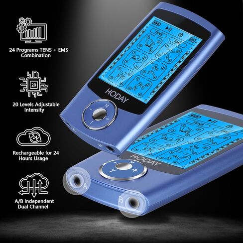 Tens Unit Muscle Stimulator, HODAY Dual Channel TENS EMS Unit 24 Modes for Pain Relief Therapy, Rechargeable Electronic Pulse Muscle Massager with 12 Pads, Dust-Proof Storage Bag, Fastening Cable Ties in Kuwait