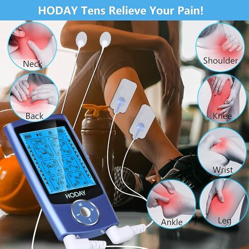 Tens Unit Muscle Stimulator, HODAY Dual Channel TENS EMS Unit 24 Modes for Pain Relief Therapy, Rechargeable Electronic Pulse Muscle Massager with 12 Pads, Dust-Proof Storage Bag, Fastening Cable Ties in Kuwait