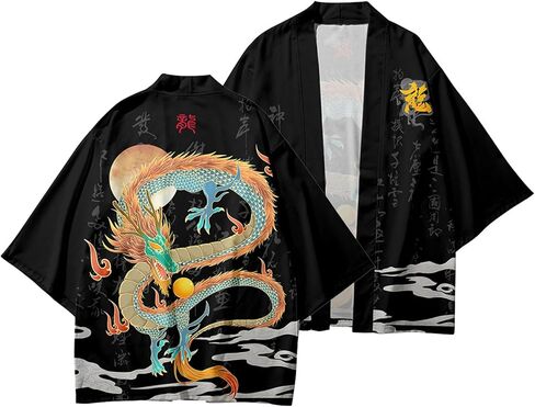 Mens Dragon Print 3/4 Wide Sleeve Kimono Yukata Tops Shirts Unisex Haori Coat Jacket Oriental Style Loose Retro in Saudi Arabia