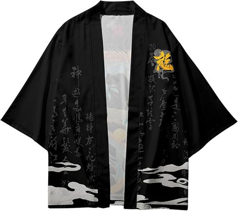 Mens Dragon Print 3/4 Wide Sleeve Kimono Yukata Tops Shirts Unisex Haori Coat Jacket Oriental Style Loose Retro in Saudi Arabia