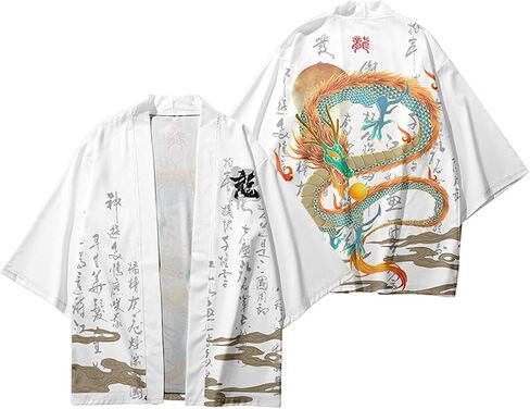 Mens Dragon Print 3/4 Wide Sleeve Kimono Yukata Tops Shirts Unisex Haori Coat Jacket Oriental Style Loose Retro in Saudi Arabia
