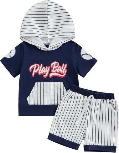 Meiweileya Toddler Baby Boy Baseball Outfits Short Sleeve Play Ball Hoodie Tshirt Striped Jogger Shorts Set Summer Clothes in Kuwait