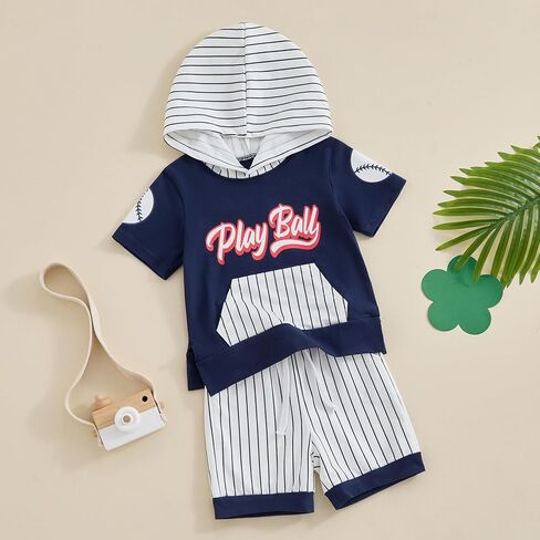 Meiweileya Toddler Baby Boy Baseball Outfits Short Sleeve Play Ball Hoodie Tshirt Striped Jogger Shorts Set Summer Clothes in Kuwait