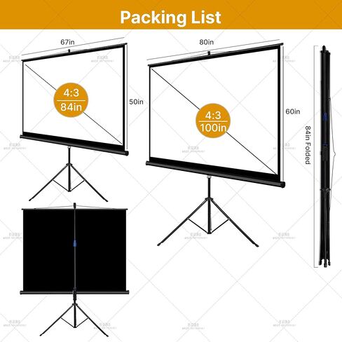 شاشة عرض محمولة ProHT مقاس 100 بوصة (05358)، مع حامل ثلاثي القوائم قابل للطي وشاشة عرض بنسبة عرض إلى ارتفاع 4:3، لون أبيض غير لامع، مناسب للتلفزيون عالي الدقة/الرياضة/الأفلام/العروض التقديمية in Kuwait