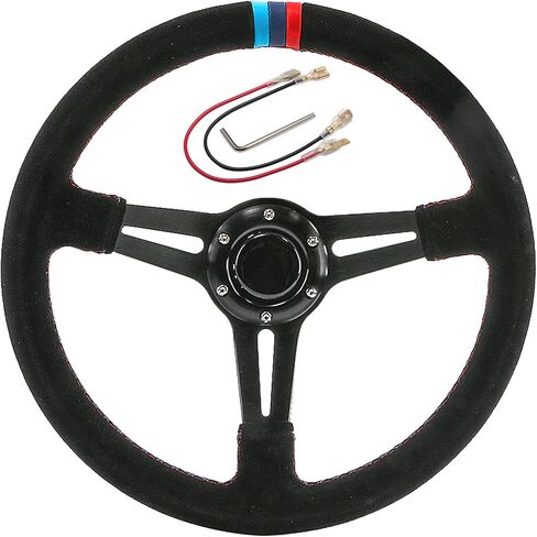 350mm (13.6 inches) 6 Bolt Racing Gaming Suede Steering Wheel Aluminum 90mm (3.5 inches) Deep with Dish Horn Button Cable Wrench in Saudi Arabia