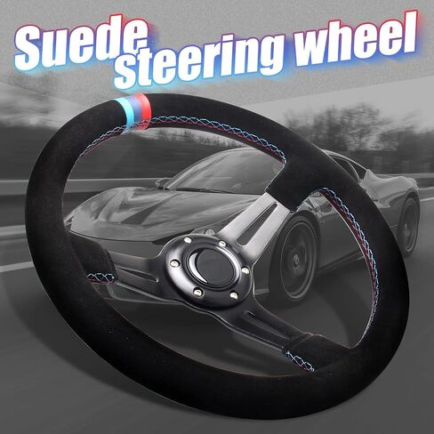 350mm (13.6 inches) 6 Bolt Racing Gaming Suede Steering Wheel Aluminum 90mm (3.5 inches) Deep with Dish Horn Button Cable Wrench in Saudi Arabia