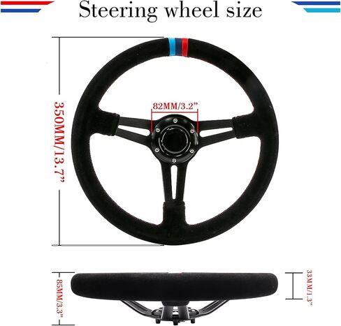 350mm (13.6 inches) 6 Bolt Racing Gaming Suede Steering Wheel Aluminum 90mm (3.5 inches) Deep with Dish Horn Button Cable Wrench in Saudi Arabia