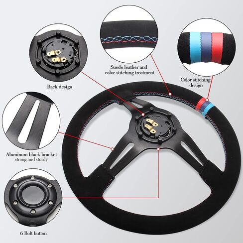 350mm (13.6 inches) 6 Bolt Racing Gaming Suede Steering Wheel Aluminum 90mm (3.5 inches) Deep with Dish Horn Button Cable Wrench in Saudi Arabia