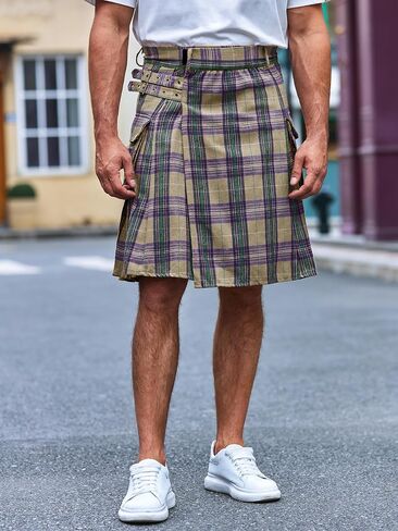 Mens Utility Kilt Pin Scottish Tartan Apparel Black & Irish Hybrid Royal Stewart Pockets Kilts in Saudi Arabia