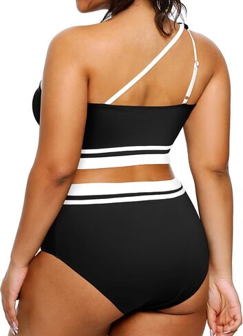 Aqua Eve Women Plus Size High Waisted Bikini One Shoulder Two Piece Swimsuit Color Block Bathing Suits in Kuwait