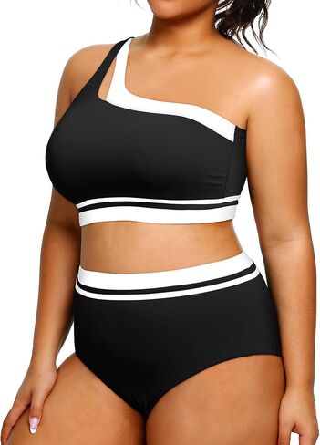 Aqua Eve Women Plus Size High Waisted Bikini One Shoulder Two Piece Swimsuit Color Block Bathing Suits in Kuwait