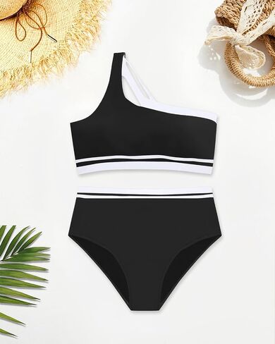 Aqua Eve Women Plus Size High Waisted Bikini One Shoulder Two Piece Swimsuit Color Block Bathing Suits in Kuwait