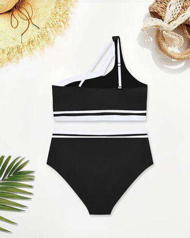 Aqua Eve Women Plus Size High Waisted Bikini One Shoulder Two Piece Swimsuit Color Block Bathing Suits in Kuwait