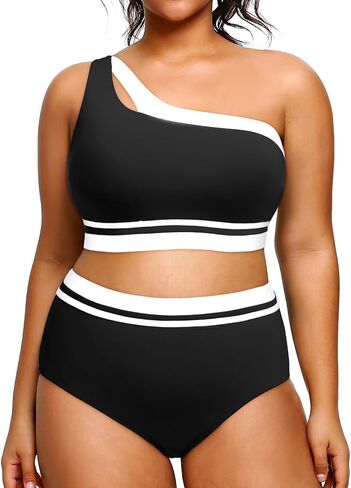 Aqua Eve Women Plus Size High Waisted Bikini One Shoulder Two Piece Swimsuit Color Block Bathing Suits in Kuwait