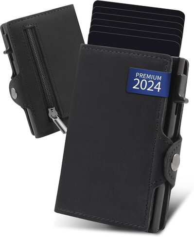 Mens Wallet Card Holder - Full Grain Leather Wallet for Men Pop Up Card Case Minimalist RFID Blocking Smart Wallet 9-10 Card Capacity | ID Window | Cash Slot (Black) in Saudi Arabia