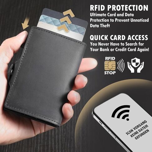 Mens Wallet Card Holder - Full Grain Leather Wallet for Men Pop Up Card Case Minimalist RFID Blocking Smart Wallet 9-10 Card Capacity | ID Window | Cash Slot (Black) in Saudi Arabia