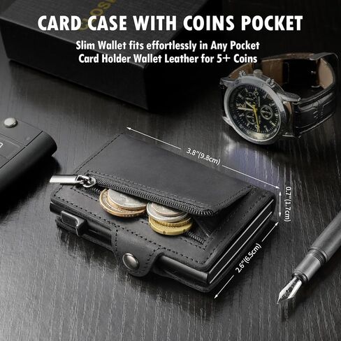 Mens Wallet Card Holder - Full Grain Leather Wallet for Men Pop Up Card Case Minimalist RFID Blocking Smart Wallet 9-10 Card Capacity | ID Window | Cash Slot (Black) in Saudi Arabia