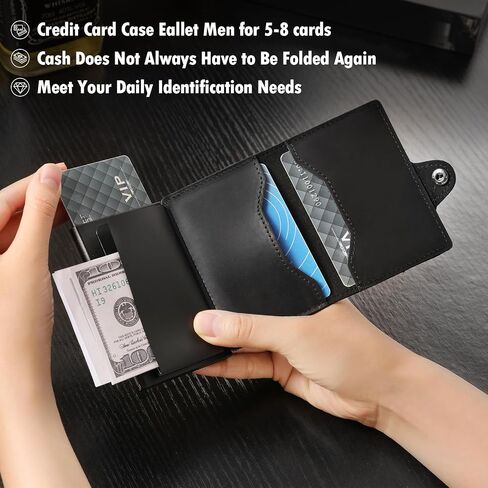 Mens Wallet Card Holder - Full Grain Leather Wallet for Men Pop Up Card Case Minimalist RFID Blocking Smart Wallet 9-10 Card Capacity | ID Window | Cash Slot (Black) in Saudi Arabia