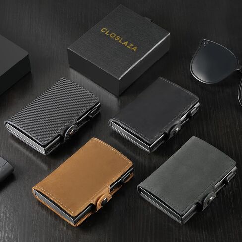 Mens Wallet Card Holder - Full Grain Leather Wallet for Men Pop Up Card Case Minimalist RFID Blocking Smart Wallet 9-10 Card Capacity | ID Window | Cash Slot (Black) in Saudi Arabia