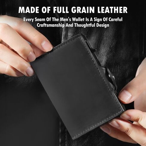 Mens Wallet Card Holder - Full Grain Leather Wallet for Men Pop Up Card Case Minimalist RFID Blocking Smart Wallet 9-10 Card Capacity | ID Window | Cash Slot (Black) in Saudi Arabia