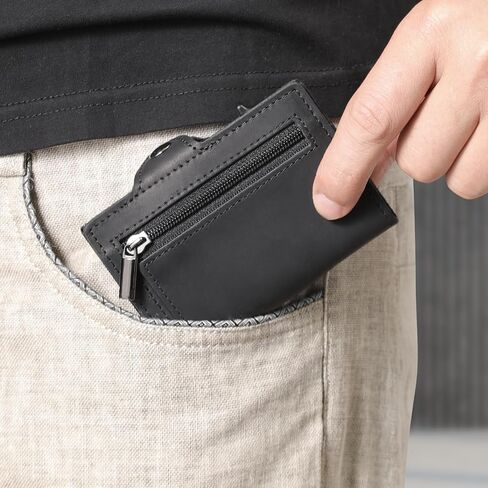 Mens Wallet Card Holder - Full Grain Leather Wallet for Men Pop Up Card Case Minimalist RFID Blocking Smart Wallet 9-10 Card Capacity | ID Window | Cash Slot (Black) in Saudi Arabia