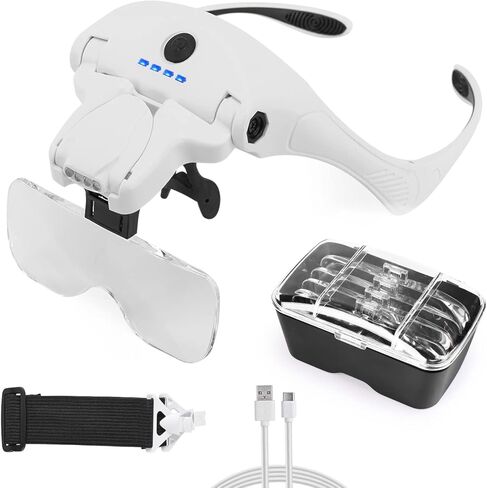 نظارات مكبرة لعصابة الرأس مع نظارات مكبرة خفيفة قابلة لإعادة الشحن مع 5 عدسات قابلة للفصل 1.0X 1.5X 2.0X 2.5X 3.5X، مكبر بدون استخدام اليدين للمجوهرات ذات الغرز المتقاطعة in Kuwait