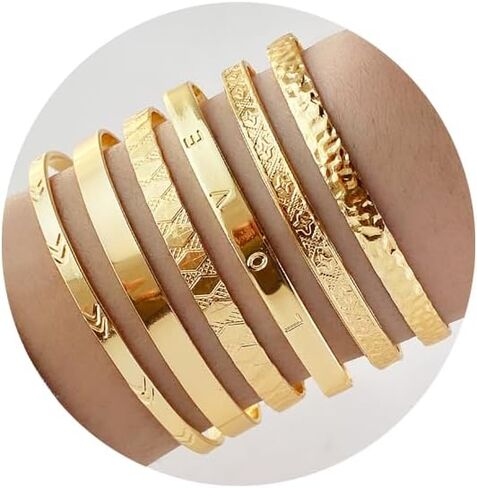 Gold Bangle Bracelets Set for Women Girls, 14k Gold Plated Multi Layer Stackable Cuff Bracelets, Personalized Boho Non Tarnish Adjustable Bangle Jewelry Gift for Her in Saudi Arabia