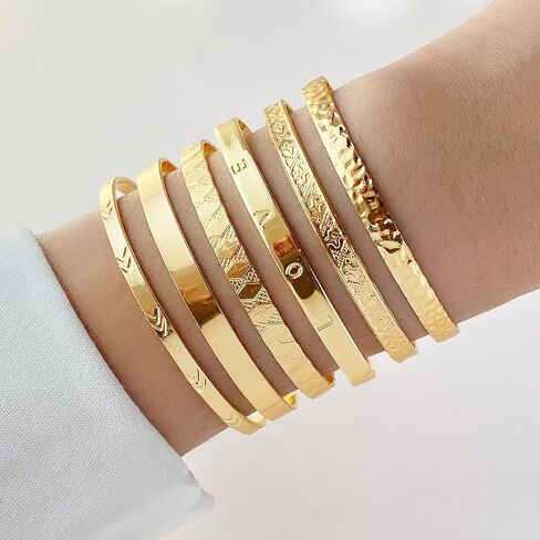 Gold Bangle Bracelets Set for Women Girls, 14k Gold Plated Multi Layer Stackable Cuff Bracelets, Personalized Boho Non Tarnish Adjustable Bangle Jewelry Gift for Her in Saudi Arabia