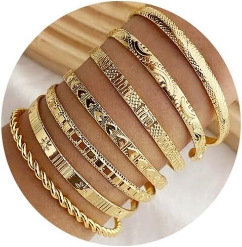 Gold Bangle Bracelets Set for Women Girls, 14k Gold Plated Multi Layer Stackable Cuff Bracelets, Personalized Boho Non Tarnish Adjustable Bangle Jewelry Gift for Her in Saudi Arabia