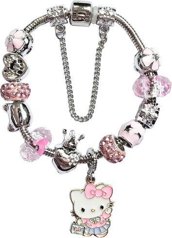 Cute Adjustable Cuff Bracelets with Kawaii Hello Kitty Beaded Charms Stainless Steel Chain - Perfect Birthday Holiday Gift for Teen Girls and Women in Saudi Arabia