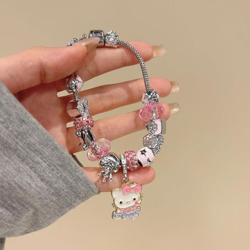 Cute Adjustable Cuff Bracelets with Kawaii Hello Kitty Beaded Charms Stainless Steel Chain - Perfect Birthday Holiday Gift for Teen Girls and Women in Saudi Arabia