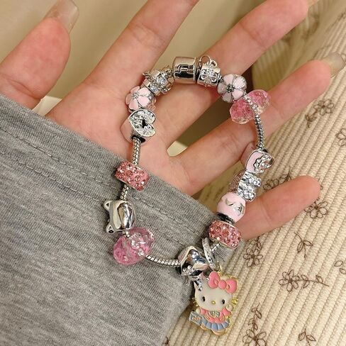 Cute Adjustable Cuff Bracelets with Kawaii Hello Kitty Beaded Charms Stainless Steel Chain - Perfect Birthday Holiday Gift for Teen Girls and Women in Saudi Arabia