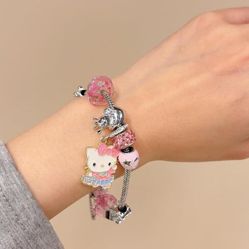 Cute Adjustable Cuff Bracelets with Kawaii Hello Kitty Beaded Charms Stainless Steel Chain - Perfect Birthday Holiday Gift for Teen Girls and Women in Saudi Arabia