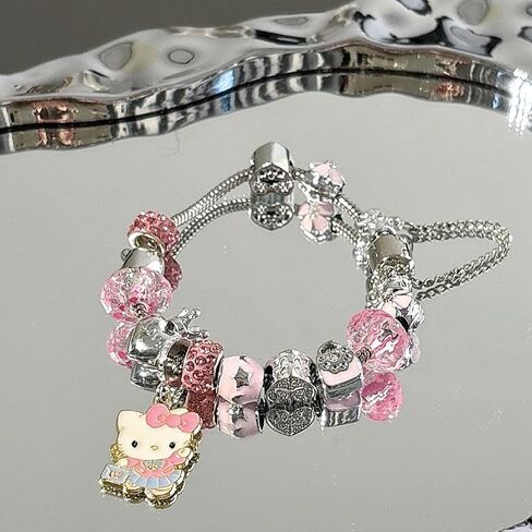 Cute Adjustable Cuff Bracelets with Kawaii Hello Kitty Beaded Charms Stainless Steel Chain - Perfect Birthday Holiday Gift for Teen Girls and Women in Saudi Arabia