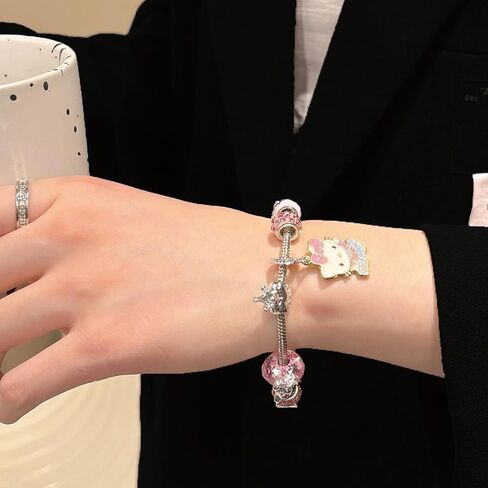 Cute Adjustable Cuff Bracelets with Kawaii Hello Kitty Beaded Charms Stainless Steel Chain - Perfect Birthday Holiday Gift for Teen Girls and Women in Saudi Arabia