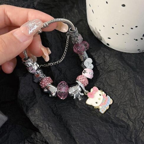 Cute Adjustable Cuff Bracelets with Kawaii Hello Kitty Beaded Charms Stainless Steel Chain - Perfect Birthday Holiday Gift for Teen Girls and Women in Saudi Arabia