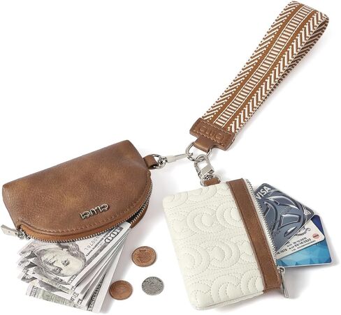 CLUCI Dual Pouch Wristlet Wallet Detachable Leather Keychain Wallet for Women Clutch Zipper Coin Purse Beige With Brown in Kuwait