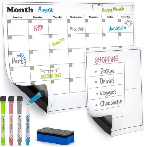 Zulay Kitchen Magnetic Dry Erase Calendar Whiteboard Kit - Magnetic Calendar For Fridge Includes Magnetic Notepad, 4 Colored Markers, & Eraser - Monthly Magnetic Fridge Calendar, 15" x 11.5" in Saudi Arabia