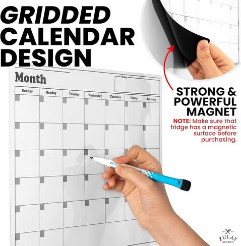 Zulay Kitchen Magnetic Dry Erase Calendar Whiteboard Kit - Magnetic Calendar For Fridge Includes Magnetic Notepad, 4 Colored Markers, & Eraser - Monthly Magnetic Fridge Calendar, 15" x 11.5" in Saudi Arabia