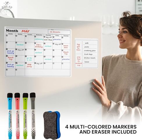Zulay Kitchen Magnetic Dry Erase Calendar Whiteboard Kit - Magnetic Calendar For Fridge Includes Magnetic Notepad, 4 Colored Markers, & Eraser - Monthly Magnetic Fridge Calendar, 15" x 11.5" in Saudi Arabia