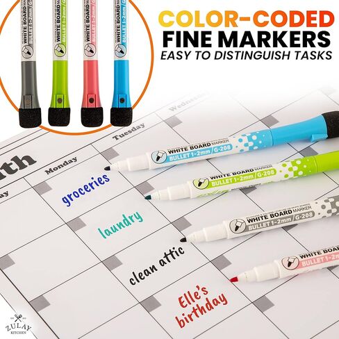 Zulay Kitchen Magnetic Dry Erase Calendar Whiteboard Kit - Magnetic Calendar For Fridge Includes Magnetic Notepad, 4 Colored Markers, & Eraser - Monthly Magnetic Fridge Calendar, 15" x 11.5" in Saudi Arabia