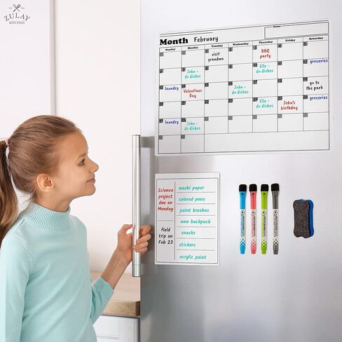 Zulay Kitchen Magnetic Dry Erase Calendar Whiteboard Kit - Magnetic Calendar For Fridge Includes Magnetic Notepad, 4 Colored Markers, & Eraser - Monthly Magnetic Fridge Calendar, 15" x 11.5" in Saudi Arabia