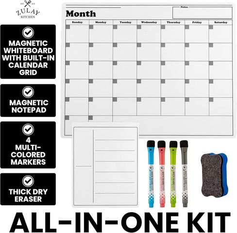 Zulay Kitchen Magnetic Dry Erase Calendar Whiteboard Kit - Magnetic Calendar For Fridge Includes Magnetic Notepad, 4 Colored Markers, & Eraser - Monthly Magnetic Fridge Calendar, 15" x 11.5" in Saudi Arabia