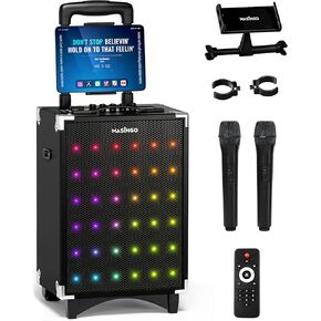 آلة كاريوكي ماسينجو للبالغين والأطفال، مكبر صوت 40 وات مع مكبر صوت 8 بوصات، 2 ميكروفونات لاسلكية، بلوتوث، USB، MicroSD، راديو FM، اتصال تلفزيون، حامل الكمبيوتر اللوحي، وضع الكاريوكي في الوقت الحقيقي، سوبرانو X2 in Kuwait