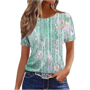 Floral Tops for Women Lightweight Short Sleeve Shirt Crew Neck Graphic Tshirt Summer Tunic Blouses for Vacation in Kuwait