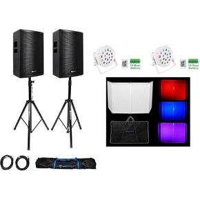 حزمة Rockville PLX12: (2) مكبرات صوت PA تعمل بقدرة 3000 وات/750 وات RMS، (2) بطارية PAR 50 LED DMX مصابيح غسيل، RFAAW 112 × 48 بوصة DJ Event Facade Booth، حامل مكبر صوت ثلاثي الأرجل، 8 قطع in Kuwait