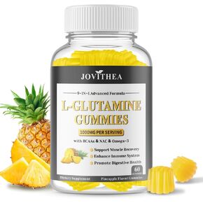 L-Glutamine Gummies 1000mg، مكمل الجلوتامين للنساء والرجال، مع BCAAs، المغنيسيوم وNAC، يدعم الأمعاء، صحة العضلات والمناعة، نباتي، غير معدّل وراثيًا، خالي من الغلوتين، صديق للكيتو، نكهة الأناناس، 60 قيراط in Kuwait