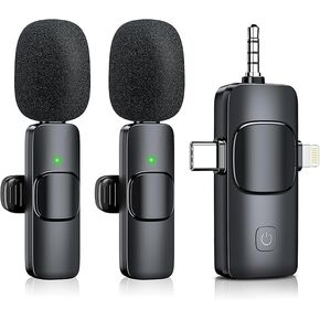 Wireless Lavalier Microphone for iPhone & Android & iPad & Camera - 2 Pack 3 in 1 Mini Microphones with Noise Reduction Lapel Mic for ​​Live Stream Content Creators Podcast in Kuwait